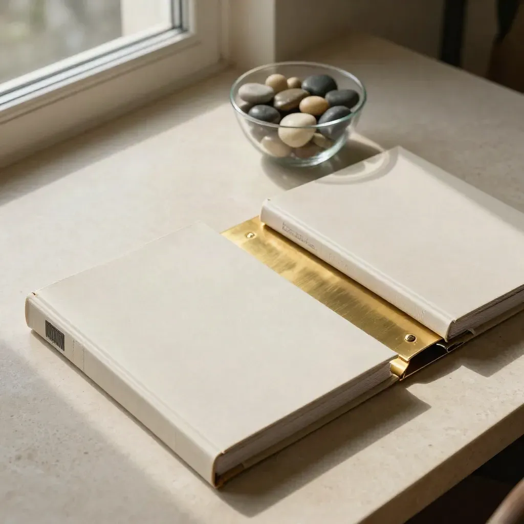 Cream stone desk with closed binders, brass dividers and pebble bowl in warm window light.