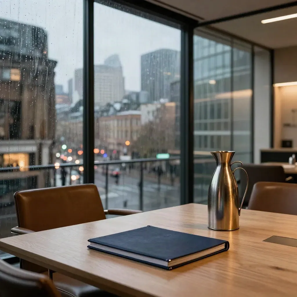 Rain-streaked glass meeting room at night with empty chairs, closed folio and city reflections.