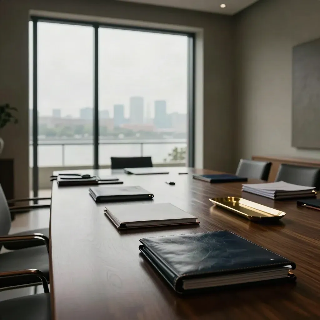 Grand committee room with closed binders and city river views through glass.