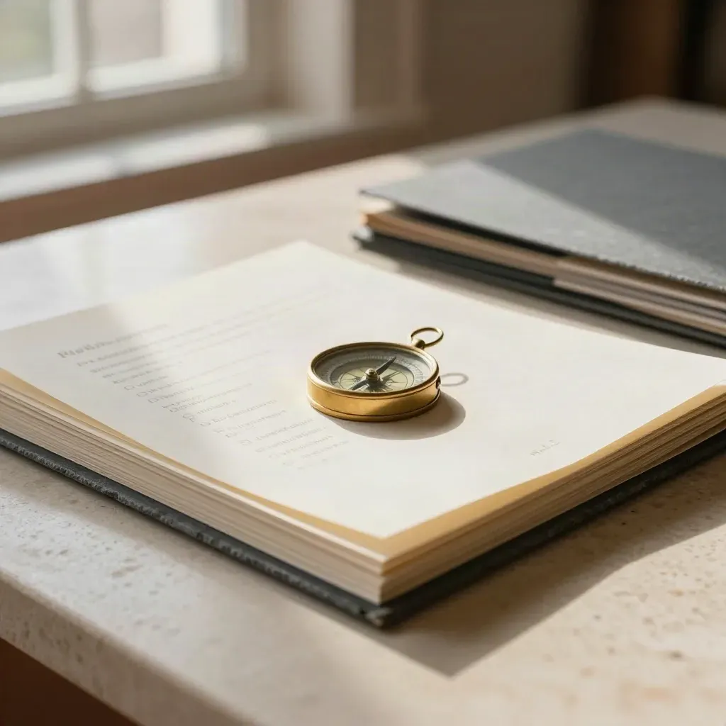 Brass paperweight and strategy folios on pale stone in warm window light.
