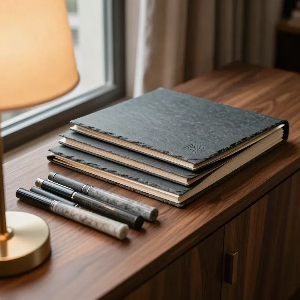Slate folders and matte stone markers on a walnut sideboard in warm window light.