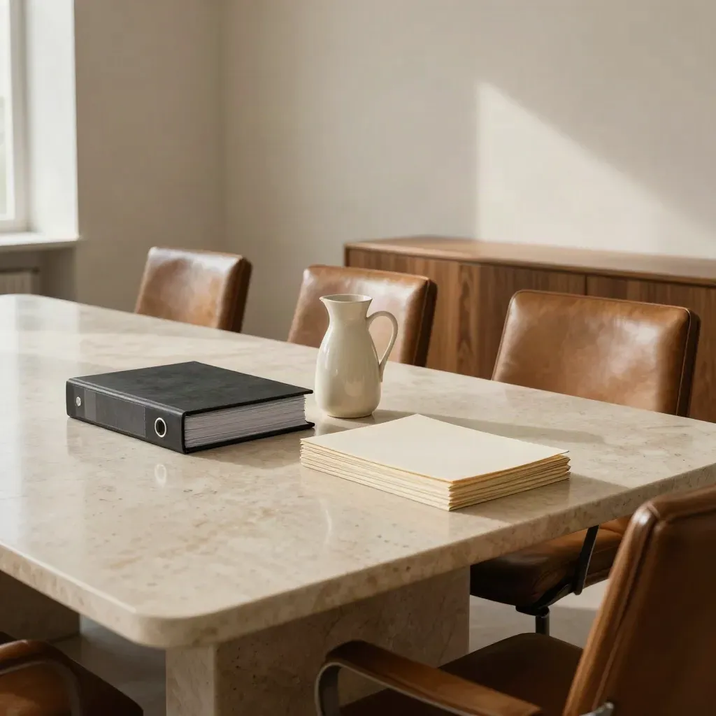 Quiet investment committee room with binders, ceramic carafe and empty leather chairs.