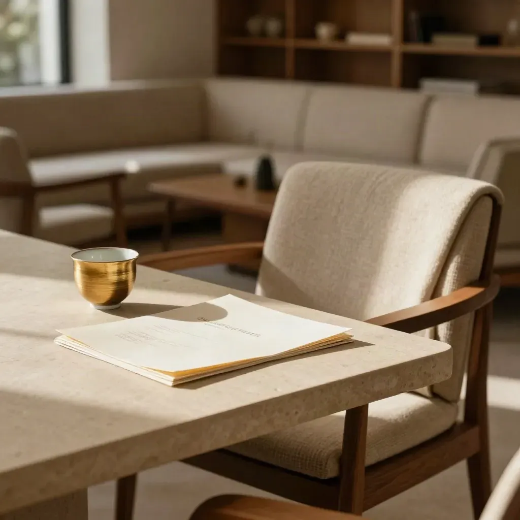 Cream lounge table with folio, gold-rim cup, and linen-draped chair in warm office light