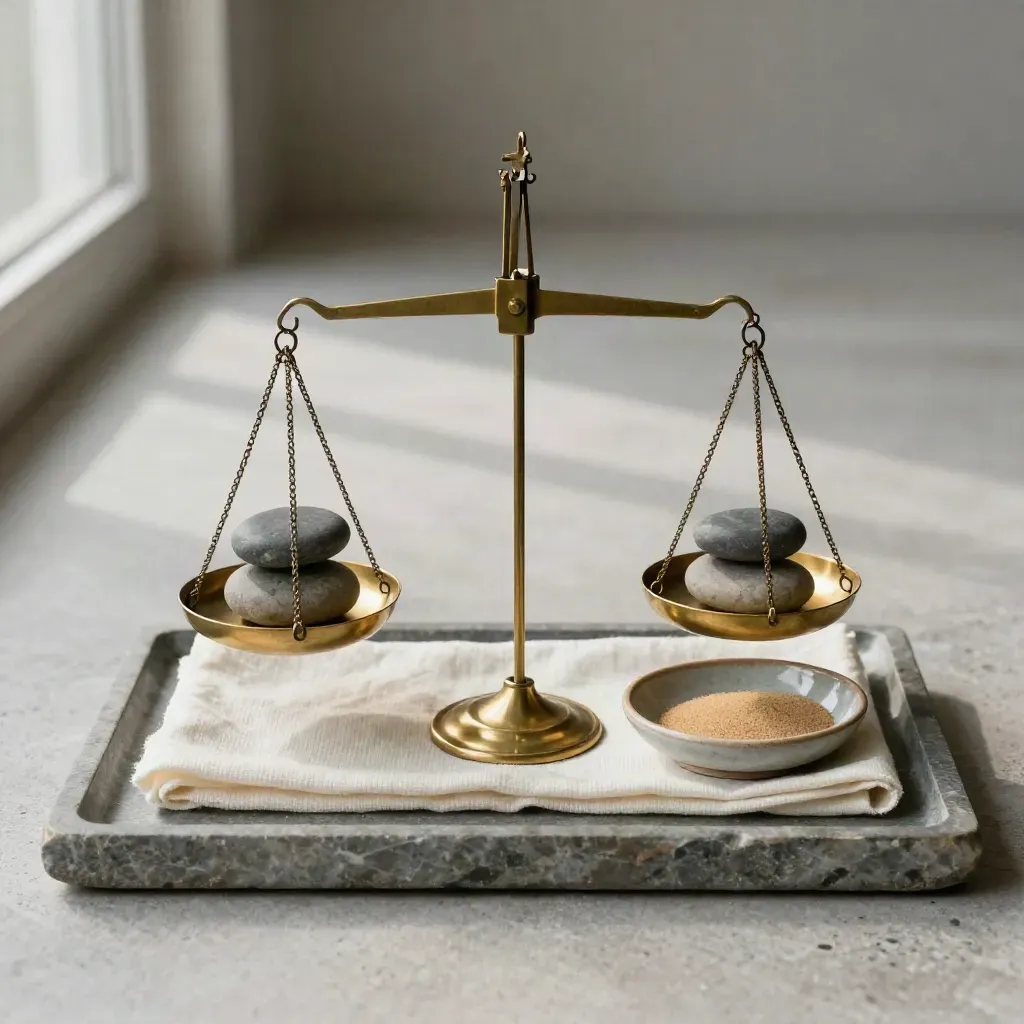 Brass balance scale with stones, ivory cloth and ceramic dish on a stone tray.